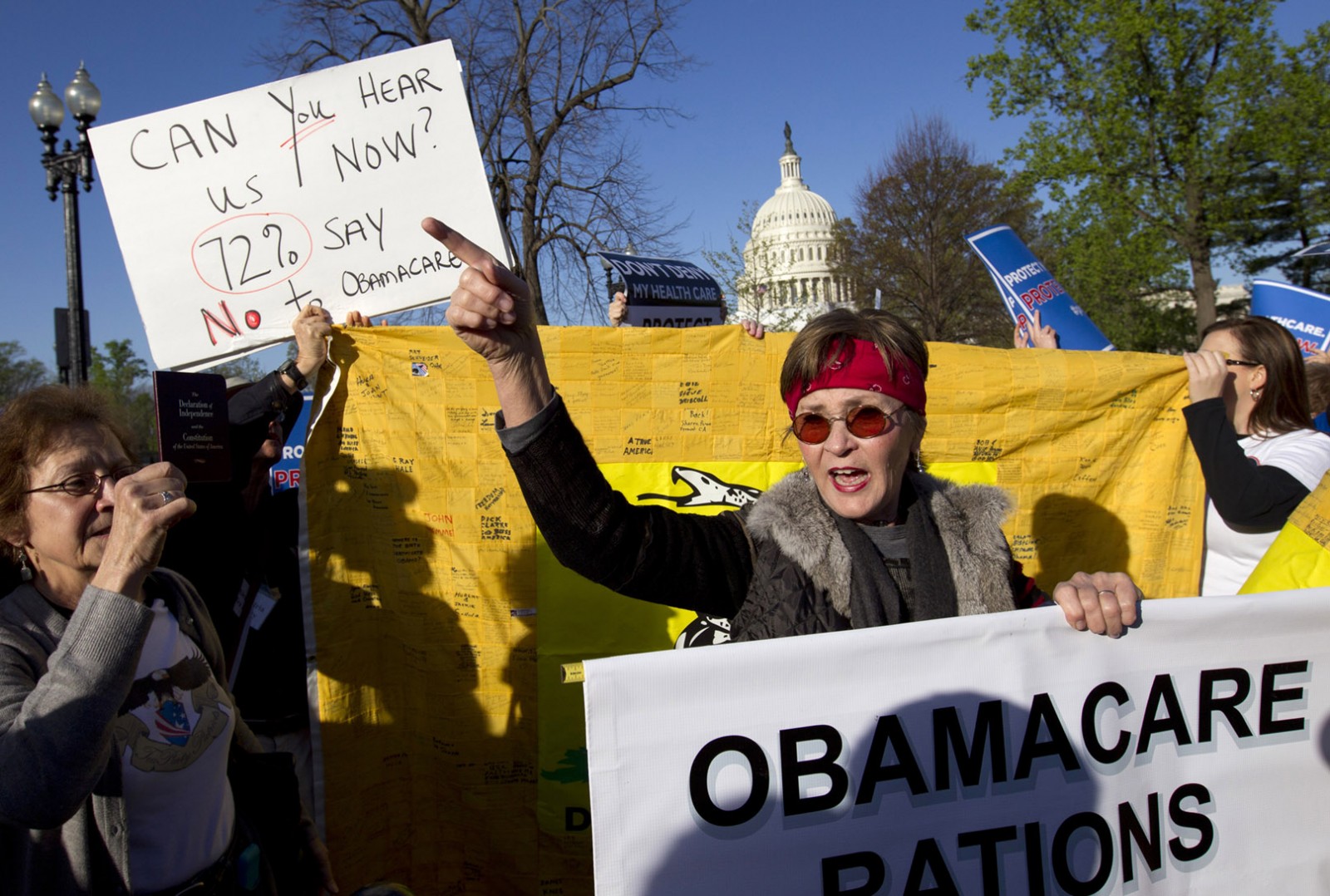 מפגינים נגד תכנית "אובמה קר" מחוץ לבית המשפט האמריקאי (צילום: AP)