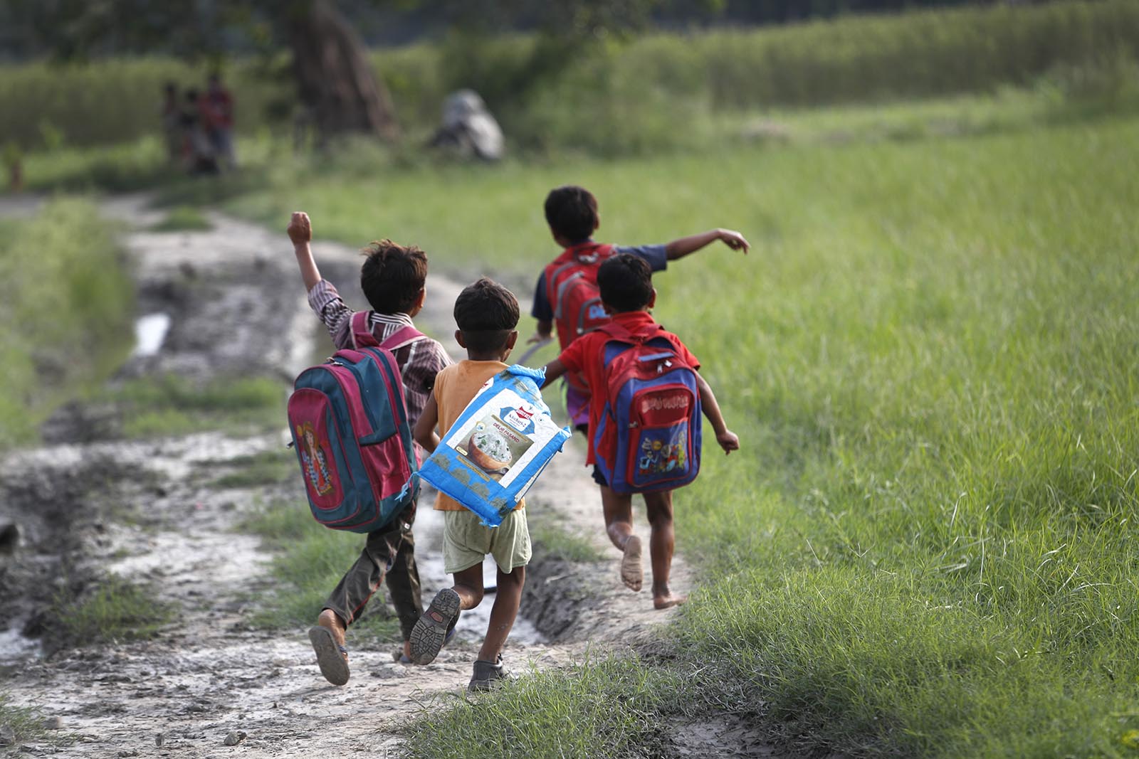 הילדים צועדים בכל יום כ-2 ק"מ מביתם לכיתה המאולתרת בניו דלהי (AP Photo/Manish Swarup)
