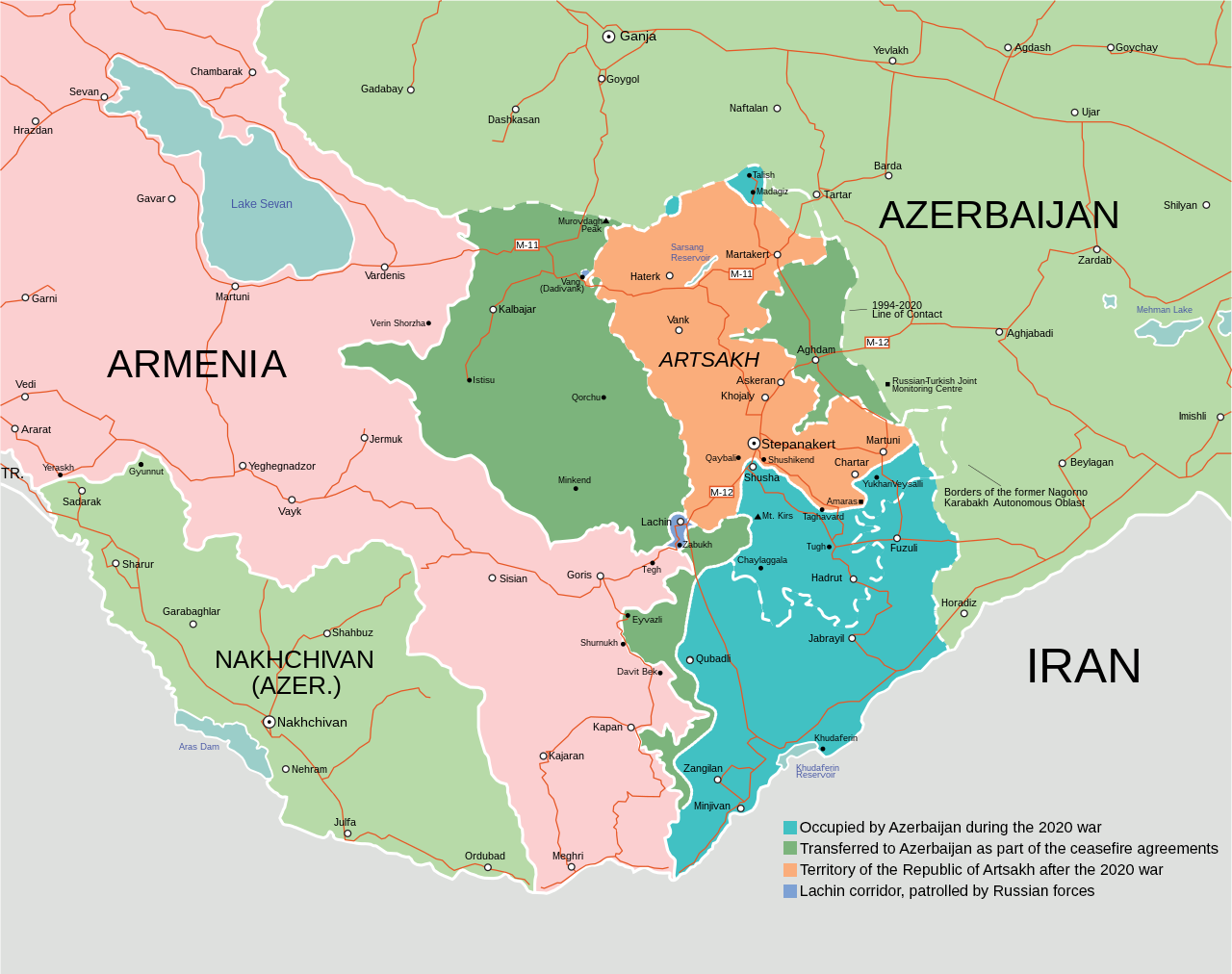 Map of Nagorno-Karabakh after the 2020 war (source: Wikipedia, adapted from: IDEA)